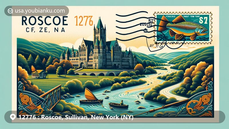 Modern illustration of Roscoe, NY, showcasing ZIP code 12776, featuring neo-Gothic Dundas Castle and scenic Catskill Mountains, highlighting 'Trout Town, USA' theme with Beaver Kill and Willowemoc Creek for trout fishing enthusiasts.