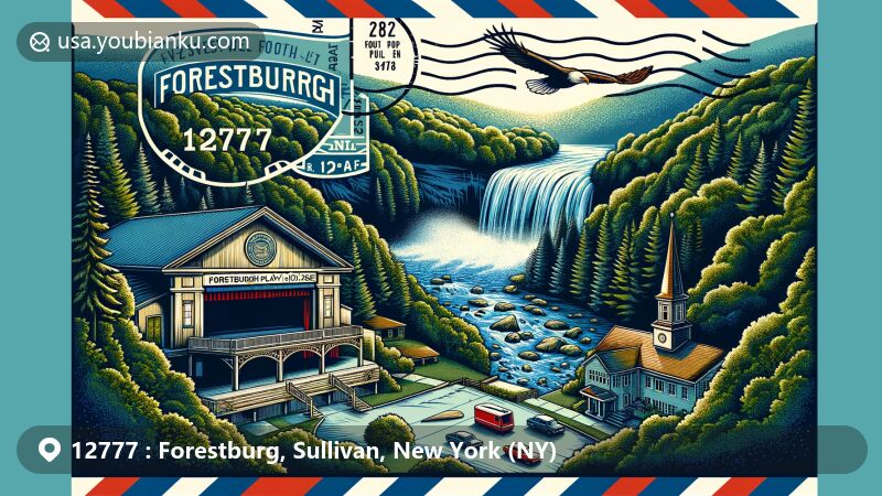 Modern illustration of Forestburgh, Sullivan County, New York (NY), featuring Forestburgh Playhouse, Mongaup Falls, dense forests, wildlife, Neversink River Gorge, vintage air mail envelope with ZIP code 12777, and a bald eagle symbolizing the town's biodiversity.