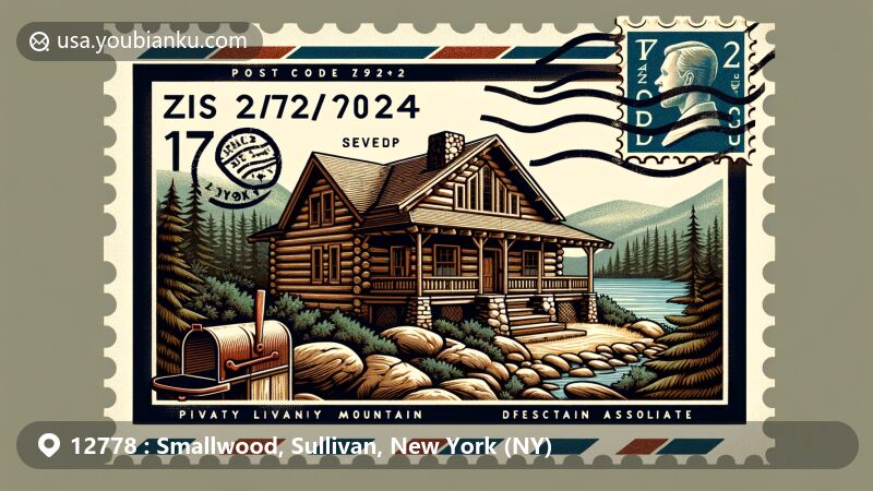 Modern illustration of Smallwood, New York, showcasing postal theme with ZIP code 12778, featuring early-20th century log cabins, stone fireplaces, and Mountain Lake managed by Smallwood Civic Association.