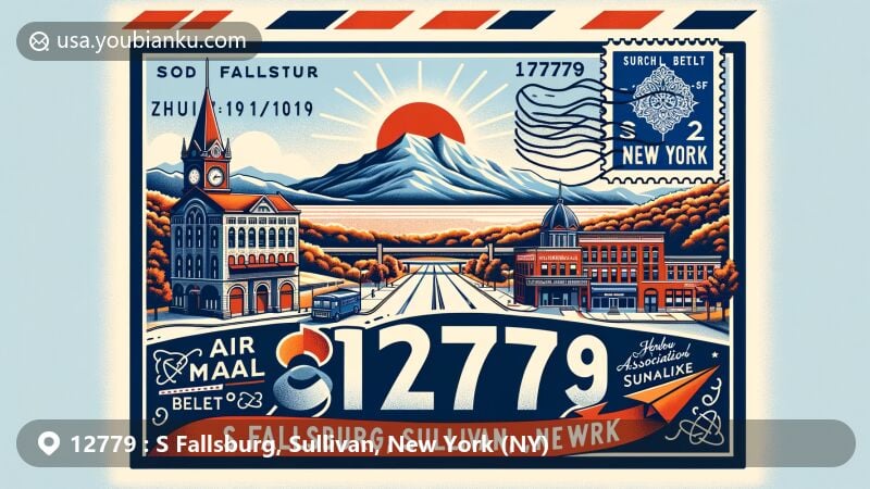 Modern illustration of S Fallsburg, Sullivan County, New York, showcasing postal theme with ZIP code 12779, featuring Catskill Mountains, Borscht Belt landmarks, Rivoli Theatre, and South Fallsburg Hebrew Association Synagogue.