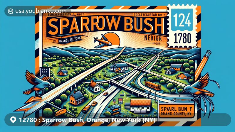 Contemporary illustration of Sparrow Bush, Orange County, New York, highlighting intersection of State Routes 42 and 97, local geography, and postal theme with ZIP code 12780.