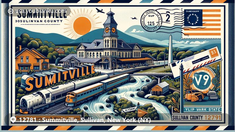 Modern illustration of Summitville, Sullivan County, New York, depicting postal heritage with ZIP code 12781, showcasing New York, Ontario & Western Railway (O&W) historical marker, Summitville station, and scenic Catskills connection.