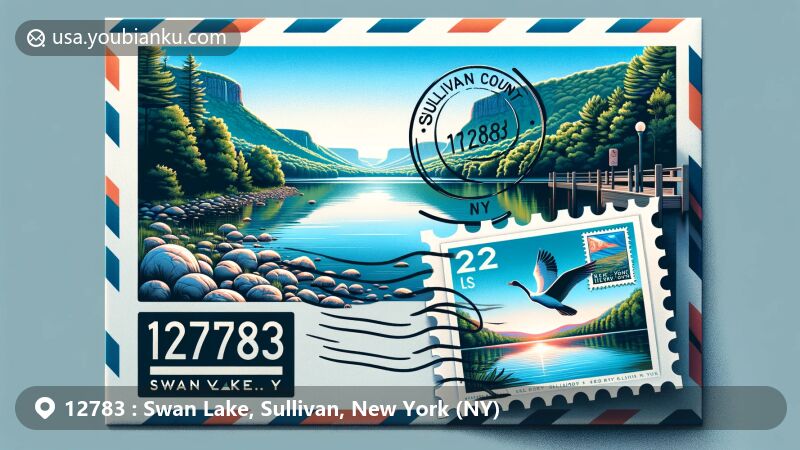 Modern illustration of Swan Lake, Sullivan County, New York, featuring serene lake with airmail envelope showcasing postal theme and '12783 Swan Lake, NY' postmark.