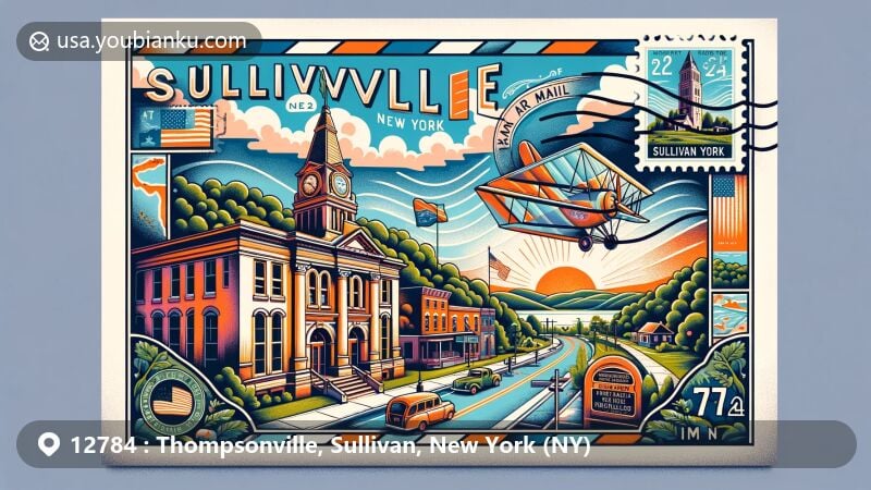 Modern illustration of Thompsonville, Sullivan County, New York, showcasing postal theme with ZIP code 12784, featuring vintage air mail envelope with historical landmarks and New York state symbols.