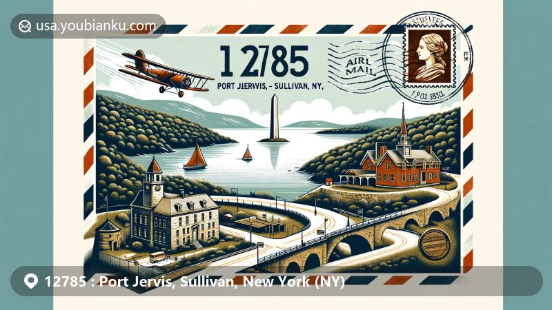 Modern illustration of Hawk's Nest Highway in Port Jervis, Sullivan County, New York, featuring Fort Decker museum, Tri-States Monument, and postal elements like stamps and 'Port Jervis, NY' postmark, highlighting ZIP code 12785.