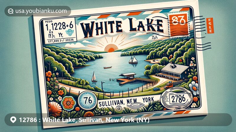 Modern illustration of White Lake, Sullivan, New York, showcasing ZIP code 12786, featuring serene beauty and historic Woodstock Music and Art Fair connection.