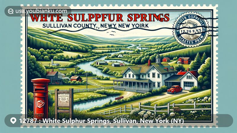 Modern illustration of White Sulphur Springs, Sullivan County, New York, highlighting rural charm, dairy farming, cheese factory, and Sulphur Spring, with vintage postal elements like '12787' ZIP code stamp, antique postbox, and postcard design.