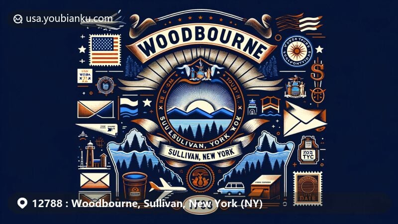 Modern illustration of Woodbourne, Sullivan, New York (NY), showcasing postal theme with ZIP code 12788, featuring New York State coat of arms, Sullivan County outline, and postal elements like vintage stamps and mailboxes.