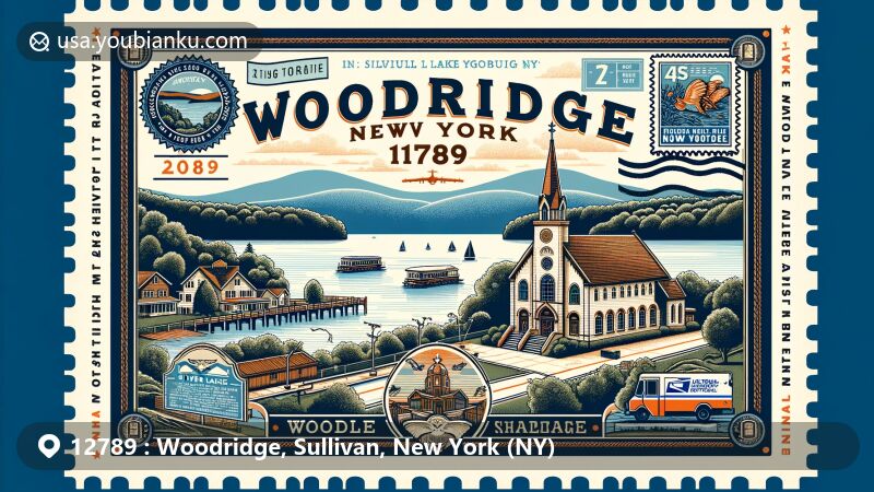 Modern illustration of Woodridge, NY, showcasing postal theme with ZIP code 12789, featuring Silver Lake and Catskill Mountains, Ohave Shalom Synagogue, and historic landmarks.