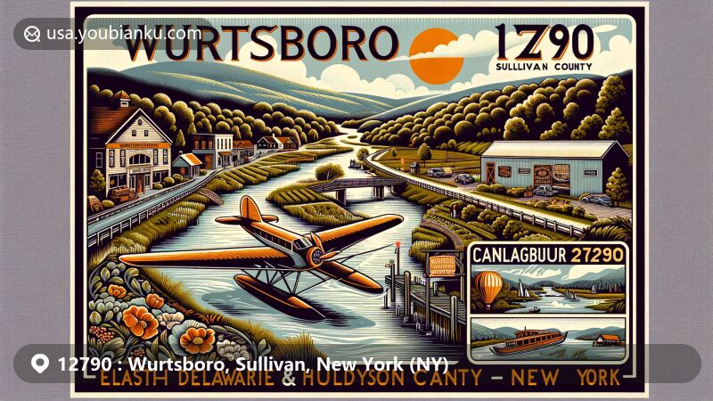 Modern illustration of Wurtsboro, Sullivan County, New York, featuring Bashakill Vineyards, Delaware and Hudson Canal, and village's coal and tanning industries history, styled as a creative postcard with vintage air tour plane, Shawangunk Ridge backdrop, and Canal Towne Emporium.