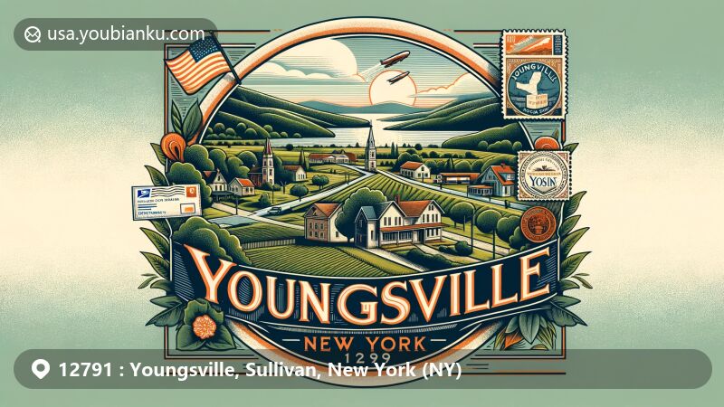 Modern illustration of Youngsville, Sullivan County, New York, showcasing rural charm and postal elements with vintage air mail theme and 'Youngsville, NY 12791' postmark, integrating state and county symbols.
