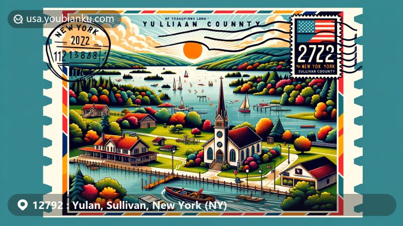 Modern illustration of Yulan, Sullivan County, New York, featuring postal theme with ZIP code 12792, showcasing Toasperns Pond, Montgomery Lake, Bodine Lake, Washington Lake, and the Church of St. Anthony of Padua.