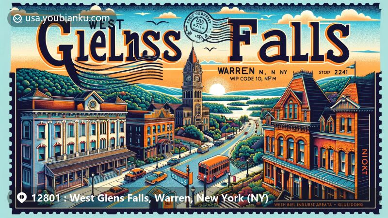 Modern illustration of West Glens Falls, Warren County, New York, capturing postal theme with ZIP code 12801, featuring Cool Insuring Arena, Chapman Museum, and The Queensbury Hotel.
