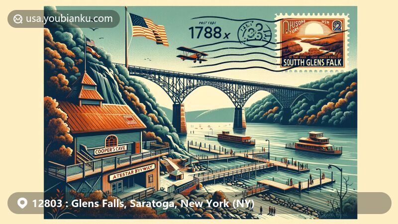 Modern illustration of South Glens Falls, Saratoga County, New York, featuring vintage air mail envelope with New York State flag, highlighting Hudson River, Cooper's Cave, Betar Byway, and postal elements like postage stamp and '12803' ZIP code.