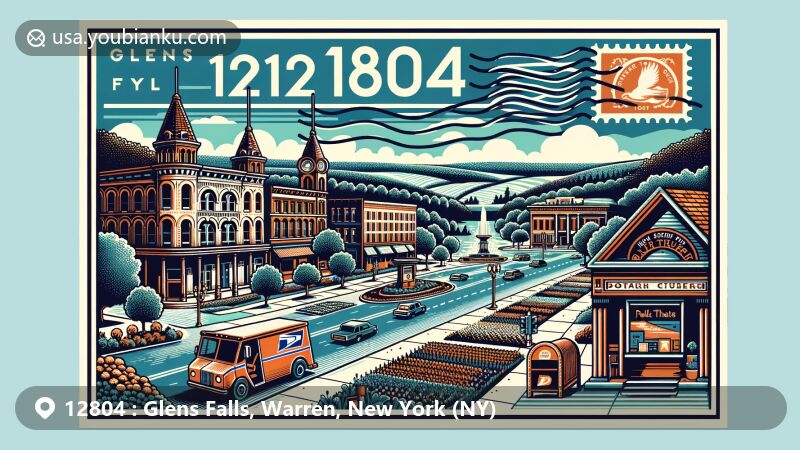 Modern illustration of Glens Falls, Warren County, NY, showcasing postal theme with ZIP code 12804, featuring Three Squares Historic District and The Park Theater.