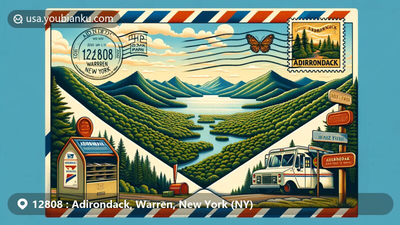 Modern illustration of Adirondack Park, Warren County, New York, showcasing iconic natural landscapes with Adirondack High Peaks, lakes, rivers, vintage postage stamp, and ZIP Code 12808, integrated with postal theme.