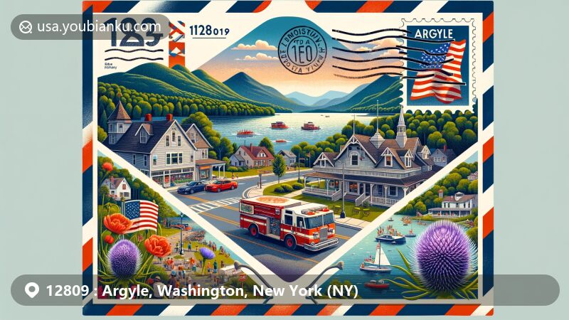 Modern illustration of Argyle, NY, capturing the beauty of Taconic Mountains, Cossayuna Lake, and Scottish heritage with Thistle Day celebration, featuring a 4th of July parade with a fire engine, and a postal theme highlighting ZIP Code 12809.