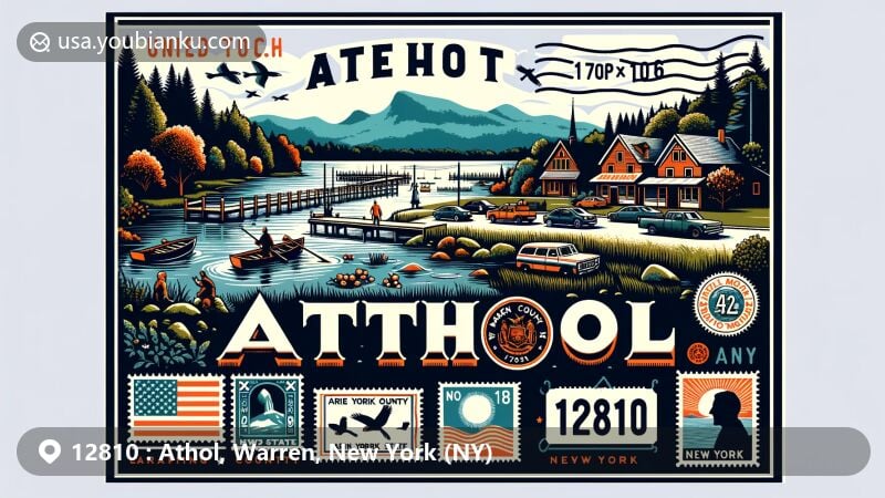 Modern illustration of Athol, Warren County, New York, capturing rural charm with outdoor activities like fishing, hunting, and camping near lakes and rivers, featuring small-town ambiance and New York state symbols.