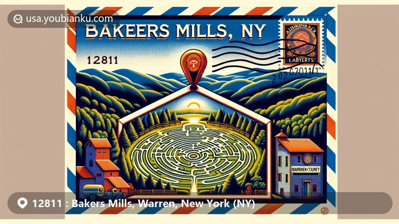 Modern illustration of Bakers Mills, Warren County, New York, featuring a postal-themed envelope with ZIP code 12811, showcasing Adirondack Labyrinth and natural beauty of the Adirondack Mountains.