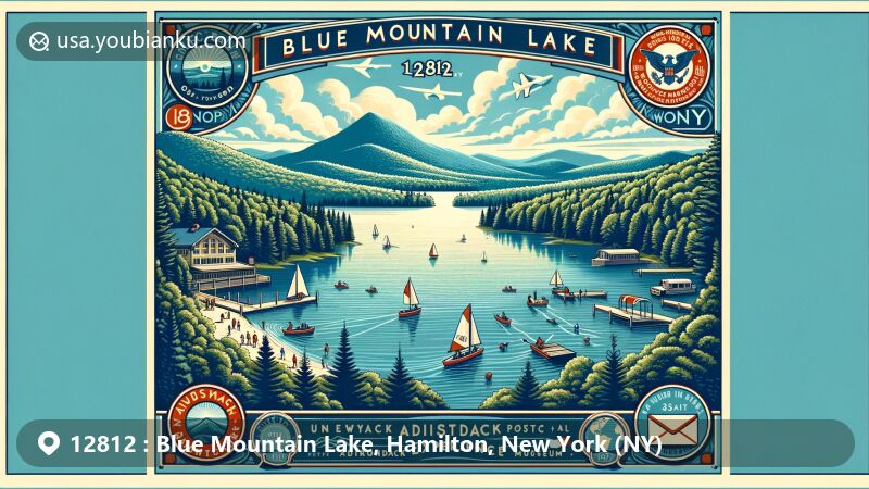 Modern illustration of Blue Mountain Lake, Hamilton County, NY, exhibiting postal elements with ZIP code 12812, showcasing serene lake surrounded by Adirondack forest and aerial view from Blue Mountain peak.