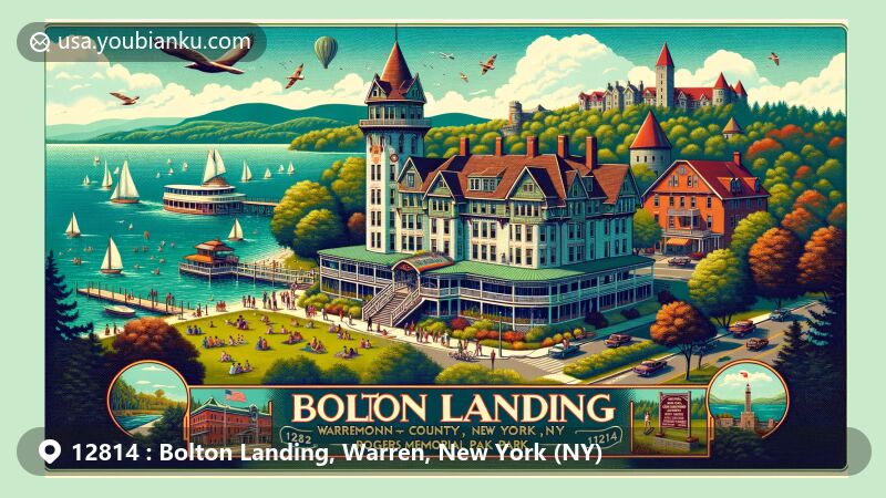 Modern illustration of Bolton Landing, Warren County, New York, showcasing postal theme with ZIP code 12814, featuring Sagamore Hotel and historical landmarks like Fort Ticonderoga, along with natural beauty of Lake George and recreational opportunities at Rogers Memorial Park.