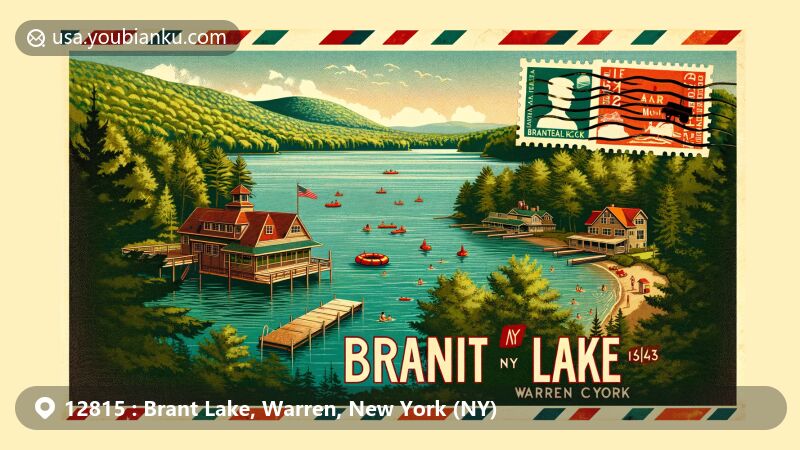 Modern illustration of Brant Lake, Warren, New York (NY), featuring peaceful Brant Lake Beach with a floating raft and lifeguard, surrounded by lush Adirondack forests and hidden cabins. Vintage-style postcard or airmail envelope in the foreground with stamps and postmarks reading 'Brant Lake, NY 12815', creatively combining postal theme with local landmarks and cultural heritage.