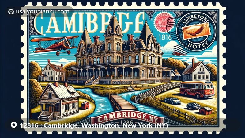 Modern illustration of Cambridge, Washington County, New York, featuring historic Victorian architecture like Rice Mansion Inn and 1878 rural opera house Hubbard Hall, alongside natural beauty of Hoosic River and rolling farmlands.