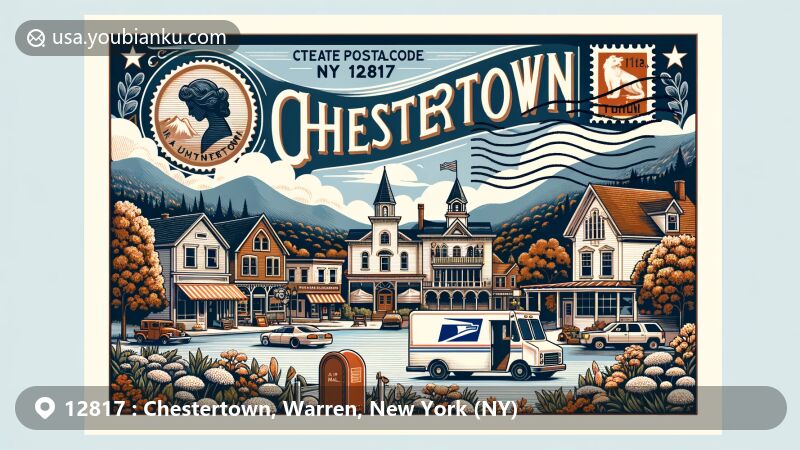Modern illustration capturing the essence of Chestertown, Warren County, New York, with a postal theme for ZIP code 12817, featuring Adirondack Mountain backdrop, Chester Four Corners town center, Chestertown Post Office, vintage postcard elements, and nostalgic postal symbols.