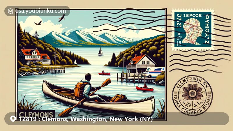 Modern illustration of Clemons, Washington County, New York, highlighting postal theme with ZIP code 12819, featuring Lake Champlain, Lake George, and the Adirondack Mountains.