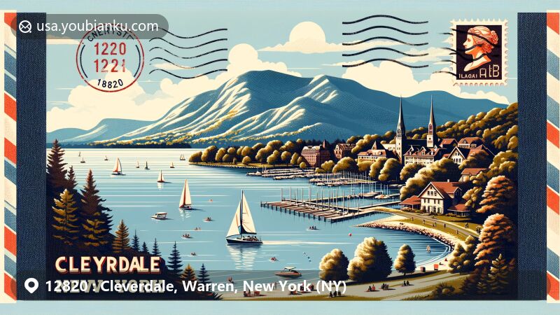 Modern illustration of Cleverdale, New York, on the south shore of Lake George, featuring tranquil lake scene with mountains, sailboat, and postal theme with ZIP code 12820, stamp, and postmark.