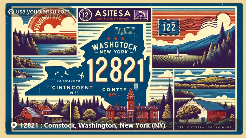 Modern illustration of Comstock, New York, featuring postal theme with ZIP code 12821, showcasing Washington County's outline, vintage postage elements, and natural scenery hinting at Adirondack Mountains.