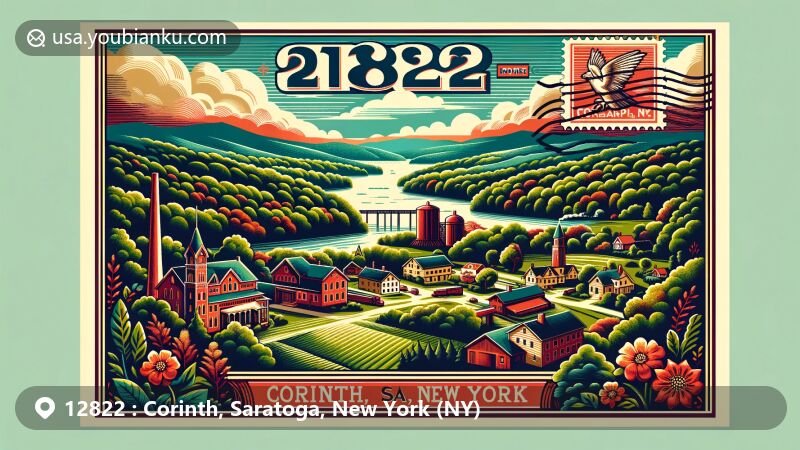 Modern illustration of Corinth, Saratoga County, New York, highlighting serene rural life with picturesque village, rolling hills, and dense forests, featuring retro postcard layout with ZIP code 12822 and depiction of Hudson River.