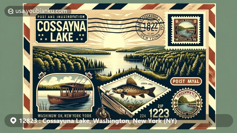 Modern illustration showcasing Cossayuna Lake in Washington County, New York, with diverse fishing ecosystem featuring tiger muskie, bluegill, and largemouth bass. Includes elements of Argyle, Greenwich towns, Corliss steam engine, and vintage postal aesthetics with ZIP code 12823.