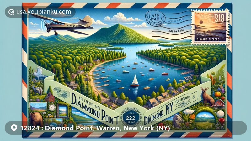 Modern illustration of Diamond Point, New York State, showcasing postal theme with ZIP code 12824, featuring Lake George, Pilot Knob, and nostalgic postal elements.