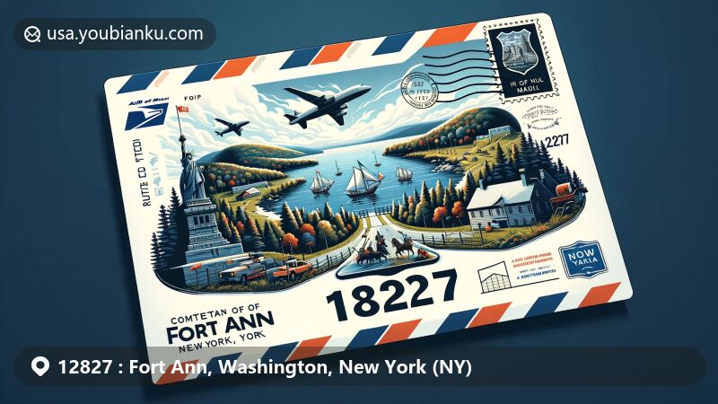 Modern illustration of Fort Ann, New York, featuring ZIP code 12827, showcasing cultural and postal elements with Battle of Fort Ann commemoration, Adirondack Park, Lake George, and New York state symbols.