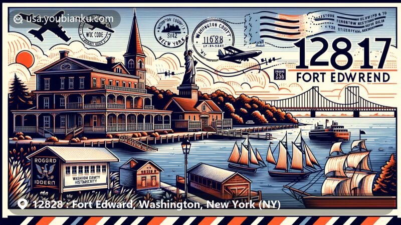 Modern illustration of Fort Edward, Washington County, New York, capturing the postal and historical essence of ZIP code 12828. Features Hudson River, Rogers Island, and Washington County Historical Society, blending natural beauty and cultural heritage with vintage postal elements.
