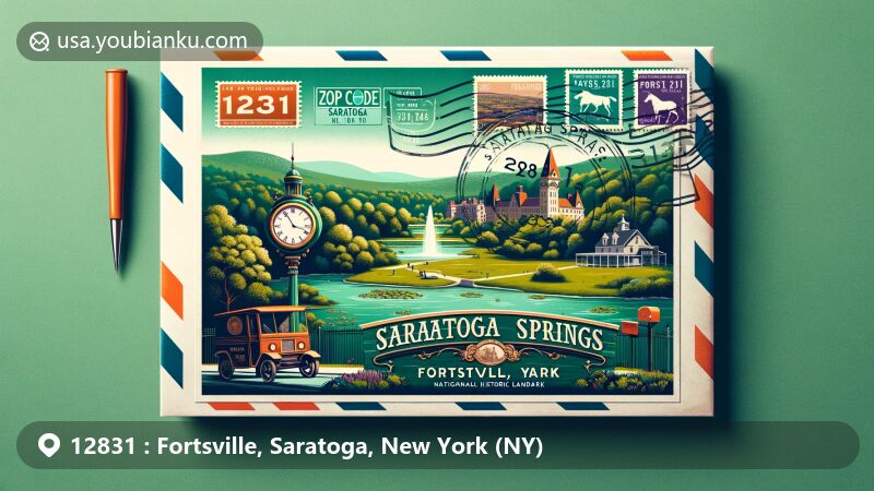 Modern illustration of Fortsville, Saratoga, New York, highlighting Saratoga Springs essence with Spa State Park, mineral springs, and historical landmarks like Ulysses S. Grant Cottage. Features postal theme with ZIP code 12831, stamps, and postmark.