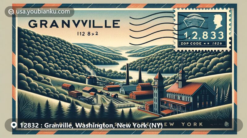 Modern illustration of Granville, New York, showcasing natural beauty, historical significance, and the famous slate industry, with scenic hills, slate mining scene, and postal theme with ZIP code 12832.