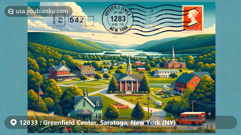 Modern illustration of Greenfield Center, New York, blending pastoral scenery with postal elements celebrating ZIP code 12833. Featuring lush green vegetation, rolling hills, and a hint of the Adirondack Mountains in the distance, capturing the town's natural beauty. Vintage mail envelopes, stamps, and a prominent postal stamp displaying the 12833 ZIP code are integrated. The modern and vibrant illustration style is perfect for postal-themed webpages, aiming to inspire community pride and the serene, scenic lifestyle of Greenfield Center.