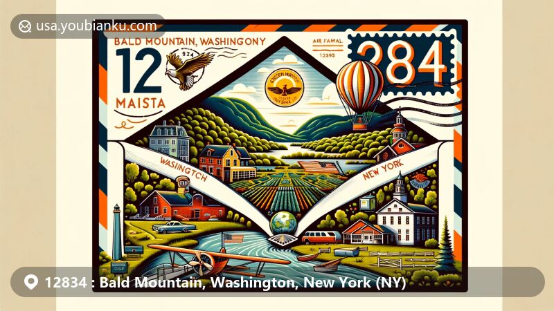 Modern illustration of 12834 ZIP code area, showcasing Bald Mountain, Washington County, and New York elements in a stylized postal theme with vintage air mail envelope, featuring Greenwich, NY landmarks and agricultural history.