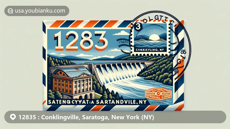 Modern illustration of Conklingville, Saratoga County, New York, highlighting postal theme with ZIP code 12835, featuring Conklingville Dam, Adirondack Park, and vintage postal elements.