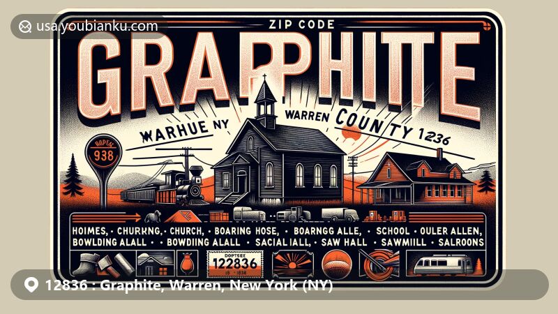 Modern illustration of Graphite, Warren County, New York, depicting thriving former mining town with diverse establishments and cultural landmarks, showcasing Hague Historical Museum and postal theme with ZIP code 12836.