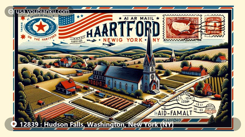 Modern illustration of Hudson Falls, New York, showcasing ZIP code 12839, blending local characteristics with postal elements, featuring Hudson River, historic architecture, hot air balloon, air mail envelope, stamps, and New York state symbols.