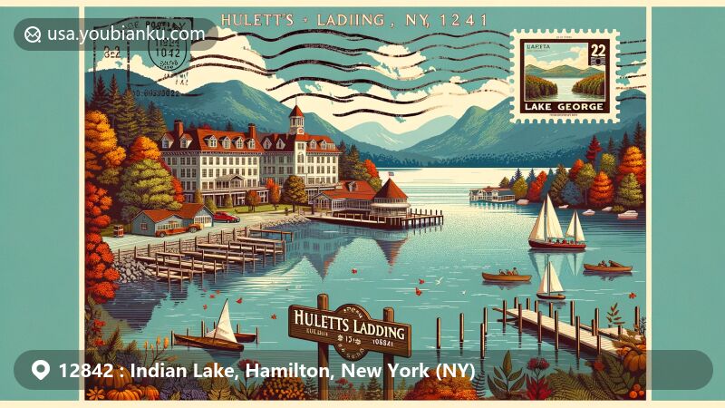 Modern illustration of Indian Lake, Hamilton County, New York, showcasing natural beauty, Adirondack Mountains, winter outdoor activities like skiing and ice fishing, with a creative postal theme design.