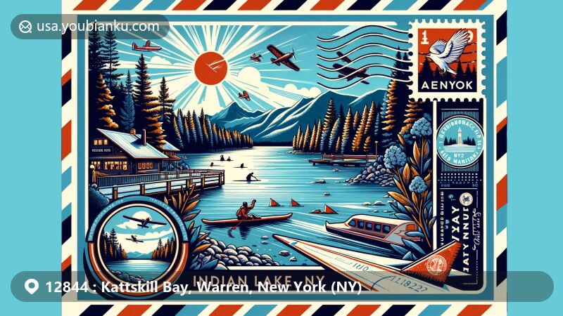 Modern illustration of Kattskill Bay, Warren County, New York, featuring postal theme with ZIP code 12844, showcasing Lake George's beauty and Adirondack Mountains.