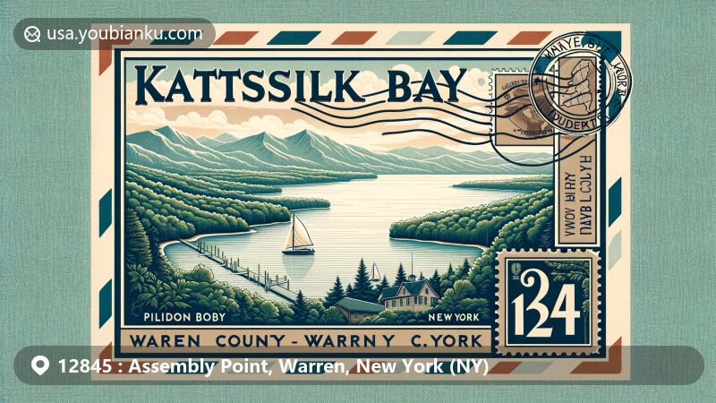 Modern illustration of Assembly Point, Warren County, New York, featuring vintage airmail envelope backdrop, showcasing picturesque Lake George, ZIP Code 12845 elements, and classic red and blue airmail border.