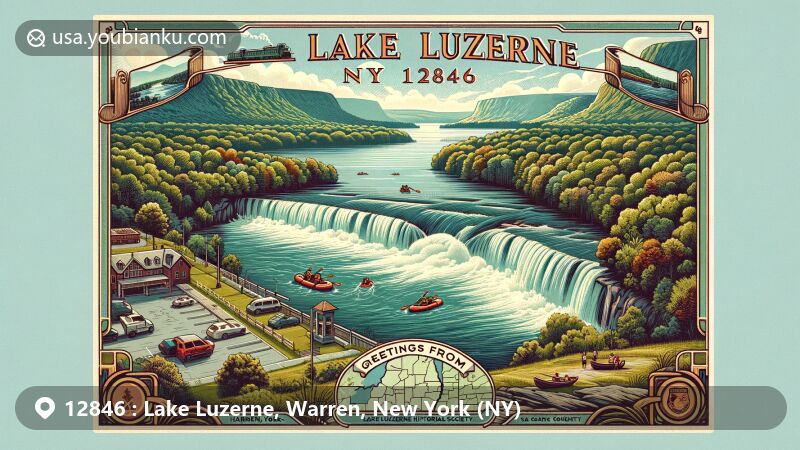 Modern illustration of Lake Luzerne, Warren County, New York, depicting scenic beauty with Hudson River, Rockwell Falls, and white water rafting on Sacandaga River. Features vintage postcard frame with 'Greetings from Lake Luzerne, NY, 12846' and historical elements.