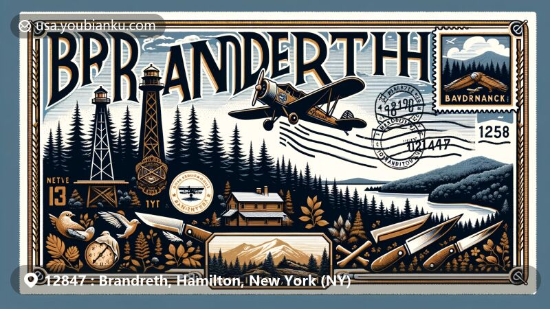 Vintage aviation-themed envelope to Brandreth, Hamilton, NY, with ZIP code 12847, showcasing Adirondack Park elements like forests, fire tower, and logging activities imagery, including loggers, axes, and pine trees, with a stamp symbolizing Brandreth Lake.