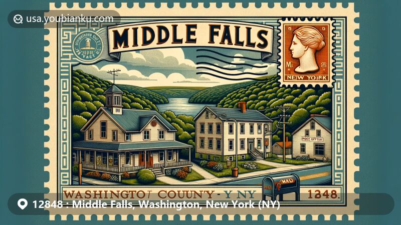 Modern illustration of Middle Falls, Washington County, New York, showcasing postal theme with ZIP code 12848, featuring historic post office and lush greenery, incorporating vintage postcard design with state symbols.