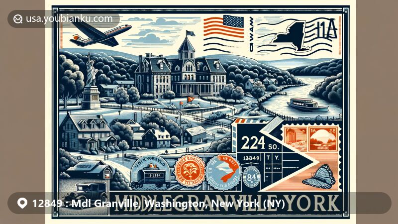 Modern illustration of Middle Granville, Washington County, New York, featuring postal theme with ZIP code 12849, showcasing key landmarks including New York State Route 22, New York State Route 22A, Mettawee River, and Indian River.